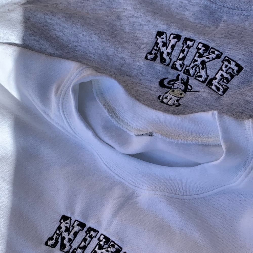 Handmade Embroidered Cow Print Crewneck
